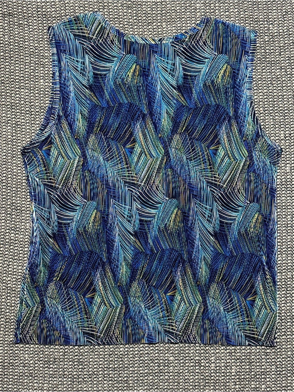 Plisse Vintage Y2K Crinkled Pleat Sleeveless Top Abstract Tropical Print - Picture 3 of 4
